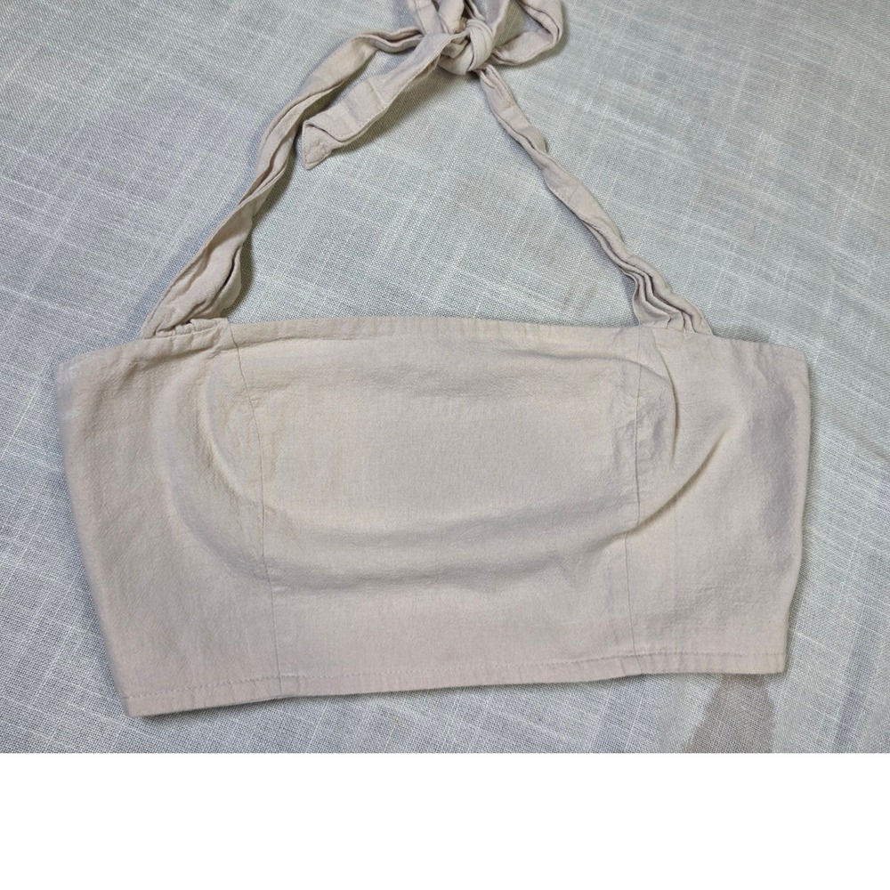 Kendall & Kylie Beige Cotton Smocked Coquet Halter Crop Top Tan Medium